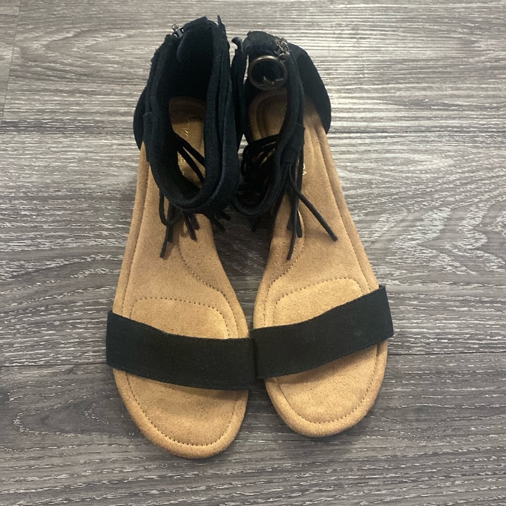 UGG Black and Tan Fringe Ankle Wrap Sandals